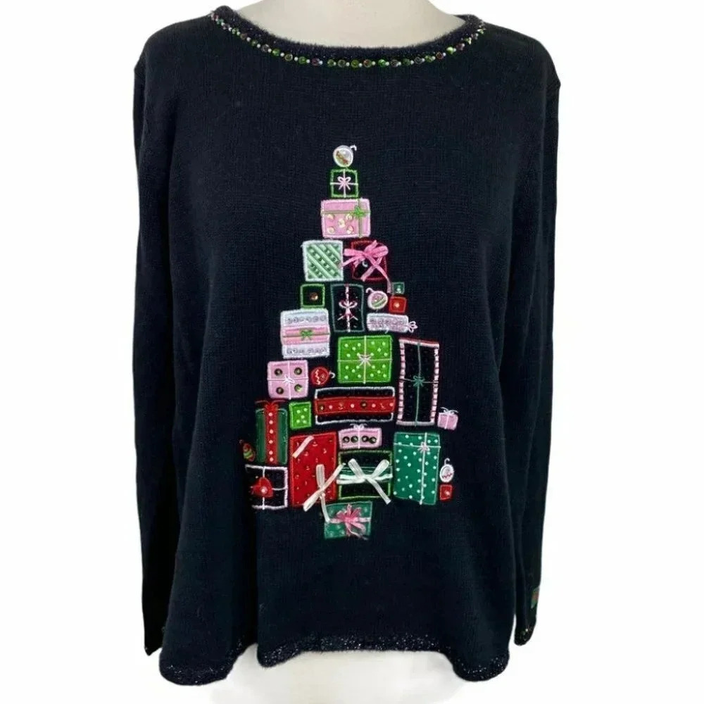 Tiara International Christmas Sweater XL Black Embroidered Gift Tree Beaded Trim
